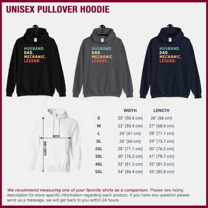 Puede incluir: Sudaderas con capucha unisex en negro, gris y azul marino, cada una con el texto "HUSBAND. DAD. MECHANIC. LEGEND." Una sudadera blanca muestra medidas de ancho y largo de S a 5XL, de 50,8 cm a 86,4 cm de ancho y de 66 cm a 83,8 cm de largo.