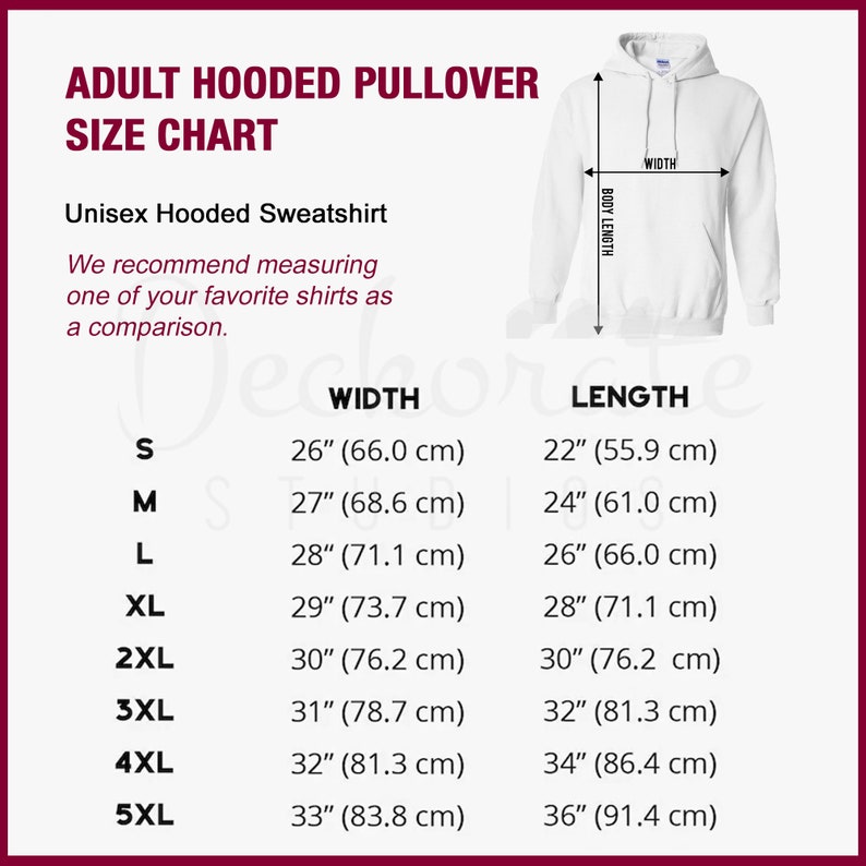 May include: Size chart for an adult hooded pullover sweatshirt. The chart includes measurements for width and length in inches and centimeters. Sizes range from S to 5XL. The chart also includes the text "Unisex Hooded Sweatshirt".