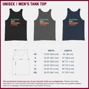 Puede incluir: Tres camisetas sin mangas en negro, gris y azul marino, cada una con el texto "HUSBAND. DAD. MECHANIC. LEGEND." en una fuente retro. Tambi&eacute;n se incluye una tabla de tallas con medidas en cm.