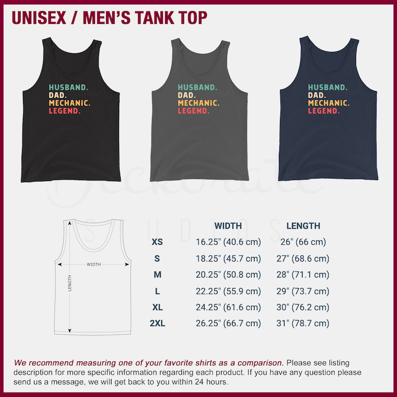 Puede incluir: Tres camisetas sin mangas en negro, gris y azul marino, cada una con el texto "HUSBAND. DAD. MECHANIC. LEGEND." en una fuente retro. Tambi&eacute;n se incluye una tabla de tallas con medidas en cm.