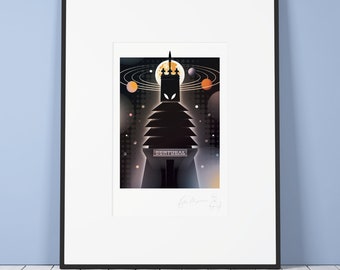 May include: Framed art print with a geometric illustration of a tiered structure, the word "CENTRAL" at the base, planets, rings, and a rocket ship against a dark, starry background. The print is in a black frame, suitable for a modern interior.