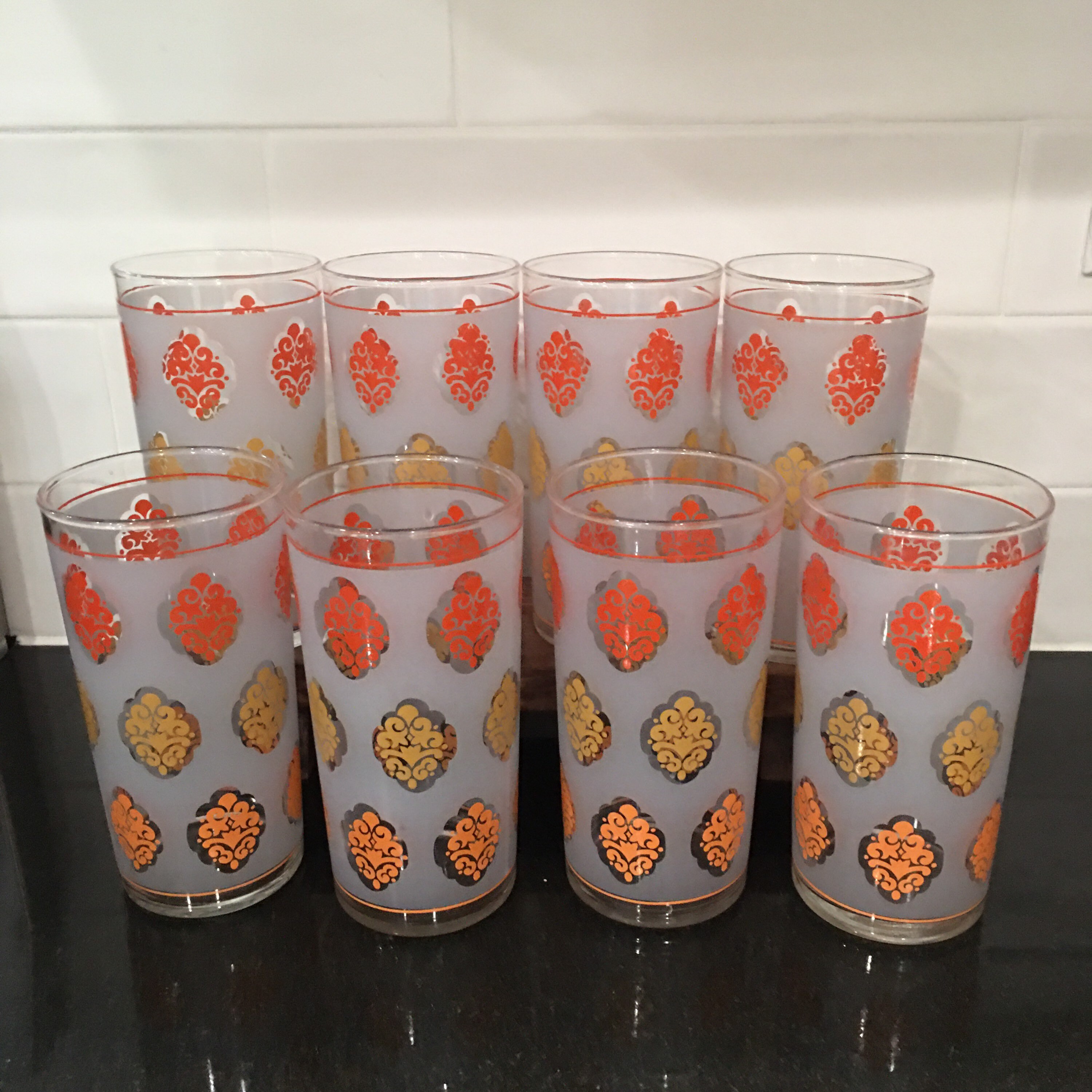 Glass Set by Libby Set of 8 Flowered Orange & Yellow 