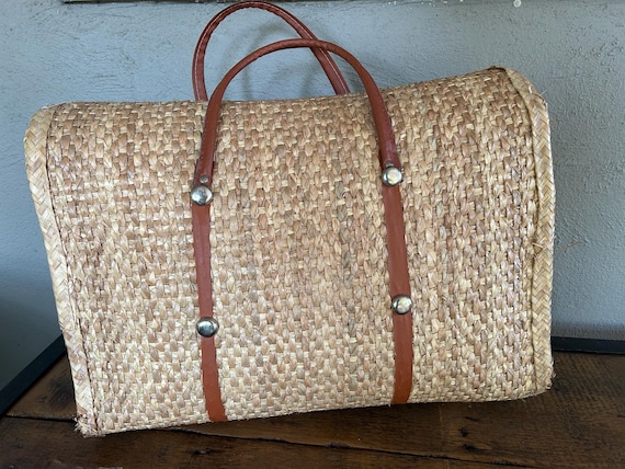 Straw Woven Floral Handle Tote Bag Vintage Straw Beac… - Gem