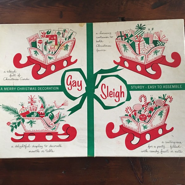 Retro Cardboard Christmas Sleigh, 1960s,  Christmas Stylecraft Gay Sleigh, Christmas Card Holder, MCM