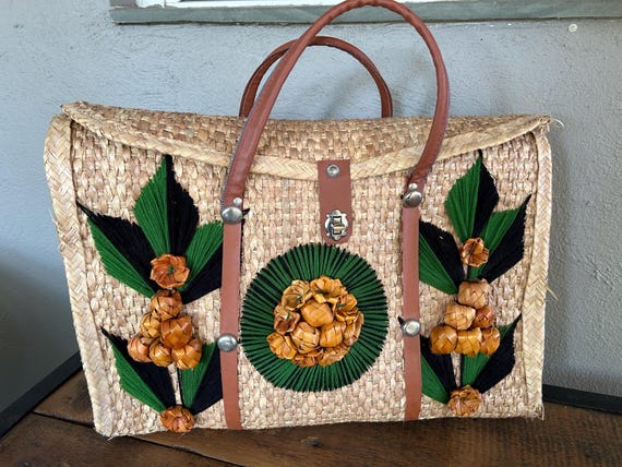 Straw Woven Floral Handle Tote Bag Vintage Straw Beac… - Gem