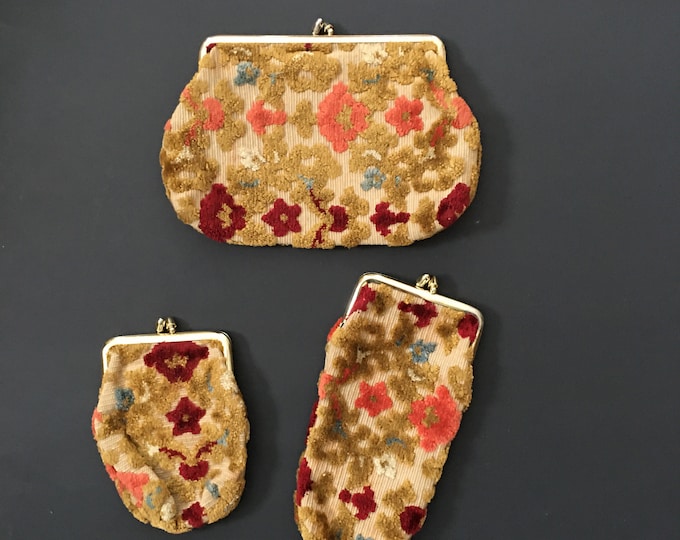 Vintage Coin and Cigarette Purses Kiss Lock Brocade Velour Floral Fabric Set of 3 Clutch Coin Bag