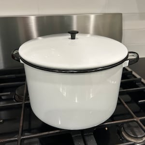 Vintage Enamel Pot with Black Handles and Trim Enamelware Farmhouse Kitchen Stockpot Planter