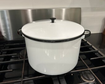 Vintage Enamel Pot with Black Handles and Trim Enamelware Farmhouse Kitchen Stockpot Planter