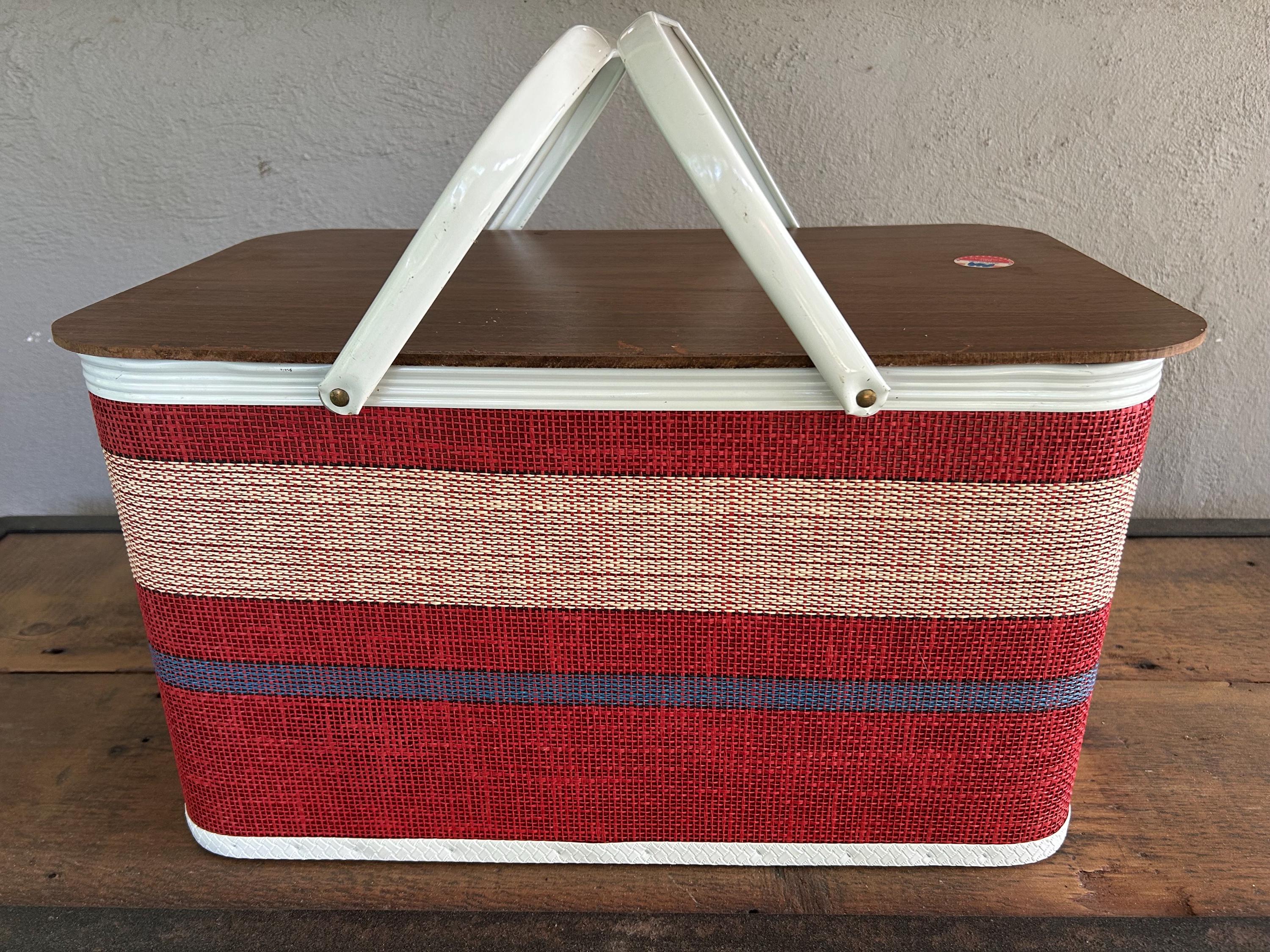 Vintage Redmon Wicker Picnic Basket: Red, White, Blue Stripes, Gingham Interior