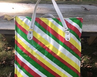 Vintage Insulated Vinyl Soft Cooler Bag Retro Thermo Keep by Nappy Picnic Beach Tailgate Cooler Bag Red Green Yellow White Stripes Display