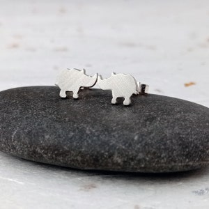 sterling silver rhino stud earrings, cute animal earrings for rhino lovers, sterling silver animal stud earrings, recycled sterling silver