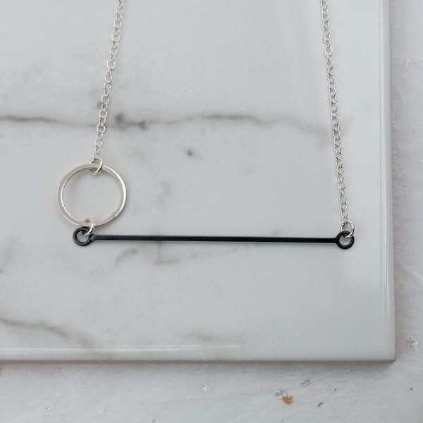 sterling silver circle and wire necklace, silver circle & oxidised wire necklace, minimalist necklace of sterling silver wire