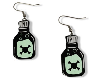 Glow In The Dark  Halloween Poison Bottle Faux Leather Lightweight Earrings Stainless Steel Hypoallergenic Ear Wire or Clip On