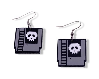 Retro Video Game Cartridge Faux Leather Stainless Steel Earrings