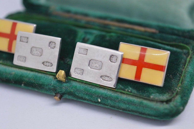 Vintage Sterling Silver Cufflinks With A England Flag Hallmarked Style #b445