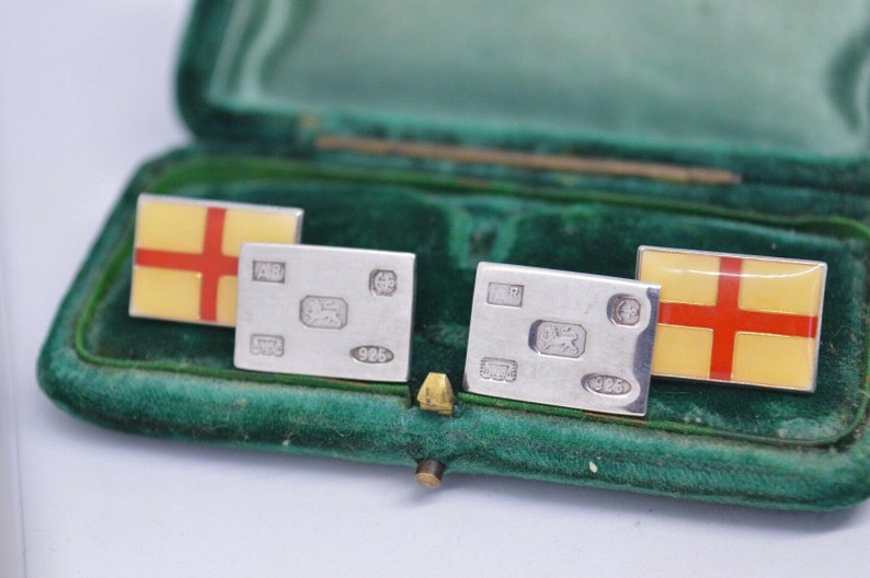 Vintage Sterling Silver Cufflinks With A England Flag Hallmarked Style #b445