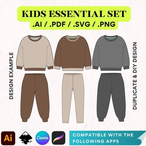 Op de afbeelding: Drie verschillende kleurvariaties van een essentiële set voor kinderen, inclusief een sweatshirt en sweatpants. De set is verkrijgbaar in bruin, beige en grijs. De afbeelding bevat de tekst "KIDS ESSENTIAL SET .AI/.PDF/.SVG/.PNG" en "DESIGN EXAMPLE" en "DUPLICATE & DIY DESIGN".