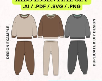 Kids Essential Clothing Vector Mockup Canva Template Mockup, Kids Fashion Flat CAD, Editable Seamless Pattern, DIY Procreate Illustrator