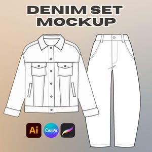 May include: A white denim jacket and matching pants set. The jacket has two chest pockets and a button-up front. The pants are high-waisted with a wide leg. The text "DENIM SET MOCKUP" is at the top. Icons for Adobe Illustrator, Canva, and Procreate are at the bottom.
