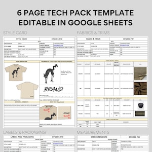 Clothing Tech Pack Template Google Sheet and Excel, PDF Printable DIY to Manufacturer, Six Page Template Digital Editor for Fashion Designer