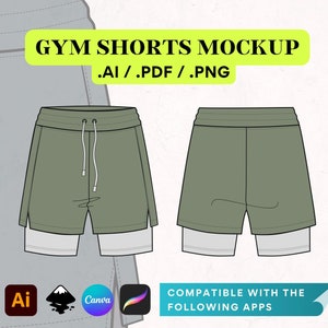 Op de afbeelding: Gym shorts mockup ontwerp in olijfgroen en wit. De afbeelding bevat een voor- en achteraanzicht van de shorts, met een tailleband met trekkoord. Tekst bevat "Gym Shorts Mockup" en bestandsinfo. Compatibel met Canva en andere apps.