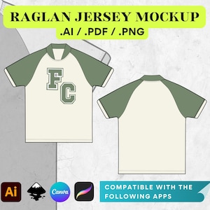 May include: A mockup of a white raglan jersey with green sleeves. The jersey has a large "FC" in black on the front. The text "RAGLAN JERSEY MOCKUP .AI/.PDF/.PNG" is at the top of the image. The text "COMPATIBLE WITH THE FOLLOWING APPS" is below the jersey. The logos for Adobe Illustrator, Canva, and Procreate are below the text. The text "• Instant Download • FREE to use on Canva • • THIS IS NOT SEWING PATTERN •" is at the bottom of the image.