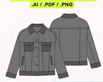 Streetwear Denim Jacket Canva Template and Vector Mockup, Workwear Mockup Fully Editable Illustrator Procreate File, Tech Pack Drawing