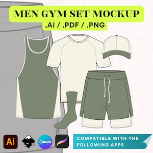 Sportkleding heren BUNDEL Mockup Canva-sjabloon, Activewear Tech Pack, platte schets CAD-bewerkbare procreate Sportswear Vector-sjabloon