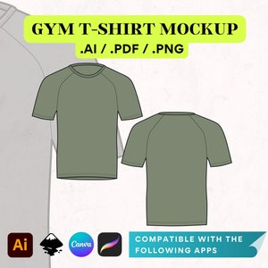Puede incluir: Una maqueta de una camiseta verde con cuello redondo y mangas raglán. La camiseta se muestra en vista frontal y posterior. El texto "GYM T-SHIRT MOCKUP .AI/.PDF/.PNG" está en la parte superior de la imagen. El texto "COMPATIBLE WITH THE FOLLOWING APPS" está debajo de la camiseta. El texto "Instant Download • FREE to use on Canva • THIS IS NOT SEWING PATTERN •" está en la parte inferior de la imagen.