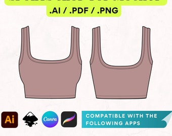 Gym Sports Bra Mockup Canva Template, Rib Top Tech Pack, Athleisure Flat Sketch CAD Editable Procreate Sportswear Vector Template