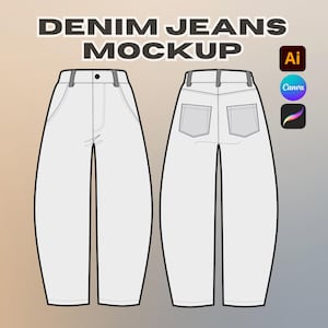 Streetwear Denim Jeans Canva Template and Vector Mockup, Barel Fit Mockup Fully Editable Illustrator Procreate File, Tech Pack Drawing