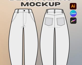 Streetwear Denim Jeans Canva-sjabloon en vectormodel, Barel Fit mockup volledig bewerkbaar Illustrator Procreate-bestand, Tech Pack-tekening