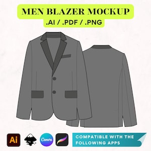 Könnte beinhalten: Ein grauer Blazer-Mockup mit schwarzem Revers. Der Blazer wird von vorne und hinten gezeigt. Das Bild enthält den Text '.AI/.PDF/.PNG' und 'KOMPATIBEL MIT FOLGENDEN APPS'.