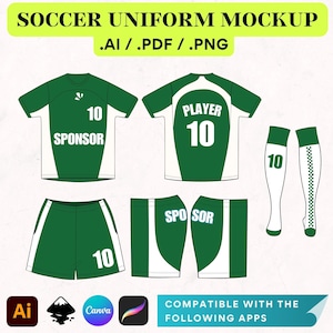 May include: A soccer uniform mockup with a green and white color scheme. The uniform includes a short-sleeved jersey, shorts, and socks. The jersey has the number 10 and the word "PLAYER" on the back. The shorts have the number 10 on the side. The socks have the number 10 on the front. The text "SPONSOR" appears on the front of the jersey.