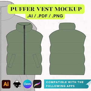 Puffer Vest Canva Template, Streetwear Vector Mockup, Padded Gilet Illustrator Template Procreate, Baltoro Unisex Clothing Mockups
