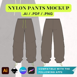 May include: A mockup of nylon pants with a drawstring waist and cargo pockets. The pants are brown and the drawstring is green. The image includes the text "NYLON PANTS MOCKUP .AI/.PDF/.PNG" and "COMPATIBLE WITH THE FOLLOWING APPS".