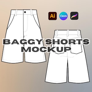 Puede incluir: Un dibujo lineal blanco de pantalones cortos holgados, vistas delantera y trasera, con el texto "BAGGY SHORTS MOCKUP". La imagen incluye iconos de Adobe Illustrator, Canva y Procreate.