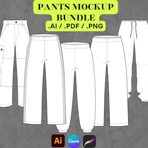 Streetwear Pants Bundle, Flare & Cuff Sweatpants Canva Template, Wide Leg Pants Mockup Vector Illustrator, Procreate, PNG, Custom DIY Design