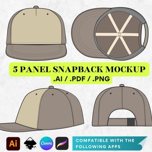 May include: A mockup of a 5-panel baseball cap with a brown brim and a beige crown. The cap is shown from the front, side, and back. The text "5 PANEL SNAPBACK MOCKUP .AI/.PDF/.PNG" is displayed below the cap. The text "COMPATIBLE WITH THE FOLLOWING APPS" is displayed below the cap. The text "• Instant Download • FREE to use on Canva • • THIS IS NOT SEWING PATTERN •" is displayed below the cap.