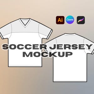 Könnte beinhalten: Ein weißes Fußballtrikot-Mockup mit V-Ausschnitt und grauen Akzenten. Vorder- und Rückansicht werden angezeigt. Der Text "SOCCER JERSEY MOCKUP" ist mittig auf der Vorderseite. Drei App-Symbole befinden sich oben rechts.