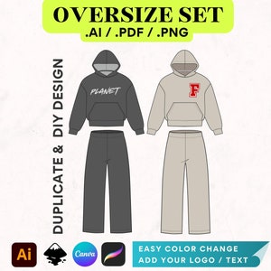 Streetwear oversized hoodie set canvas sjabloon, uitlopende joggingbroek vector mockup, illustrator sjabloon voortplanten, joggingbroek kleding mockups