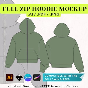 Streetwear Full Zip Hoodie Unisex Oversize Boxy Fit Canva Vector Mockup Template, Editable Mockup, Clothing Template Sketch Tech Pack