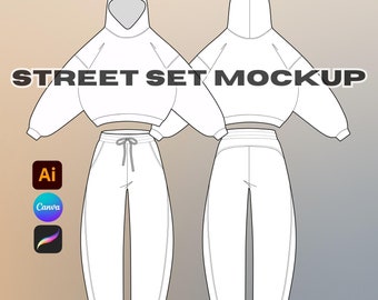 Streetwear Oversize Hoodie Set Canva Template, Barrel Joggers Vector Mockup, Illustrator Template Procreate, Sweatpants Clothing Mockups
