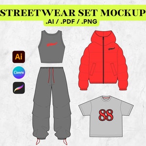 May include: A streetwear set mockup featuring a red puffer jacket, a grey tank top, grey cargo pants, and a grey t-shirt with the number 88 in red.