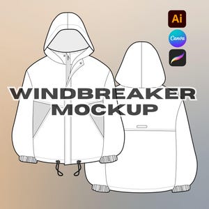 May include: A white windbreaker mockup with a hood, front zipper, and pockets. The design includes a front and back view of the jacket. The text "WINDBREAKER MOCKUP" is displayed across the front. Icons for Adobe Illustrator, Canva, and Procreate are also visible.