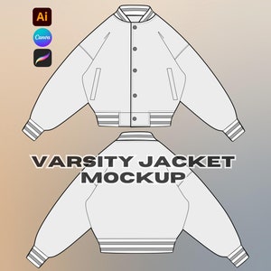 Könnte beinhalten: Ein weißer Varsity-Jacket-Mockup mit Reißverschluss, zwei Taschen und einem gestreiften Besatz an Kragen, Ärmelbündchen und Saum.