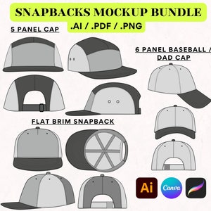 Snapback Mockup BUNDLE Canva Template DIY, Cap Vector for Illustrator, Unisex Streetwear Accessories Drawing Editable Png Template