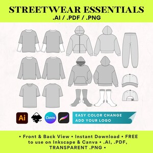 Op de afbeelding: Een set streetwear-essentials, waaronder hoodies, t-shirts, broeken, sokken en petten. De ontwerpen zijn eenvoudig en gemakkelijk aan te passen. De tekst op de afbeelding luidt "STREETWEAR ESSENTIALS .AI/.PDF/.PNG EASY COLOR CHANGE ADD YOUR LOGO".