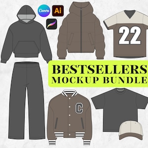 Conjunto de maquetas de ropa de calle editables en Canva, paquete de vectores de moda, paquete de tecnología de chándal editable, plantilla PNG de Procreate, dibujo de Illustrator