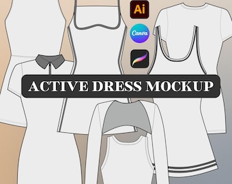 Sports Dress Canva Bundle, Activewear Vector Mockup Template, Flat CAD Clothing Mockup, Clothing Vector, Sports and Womenswear Design